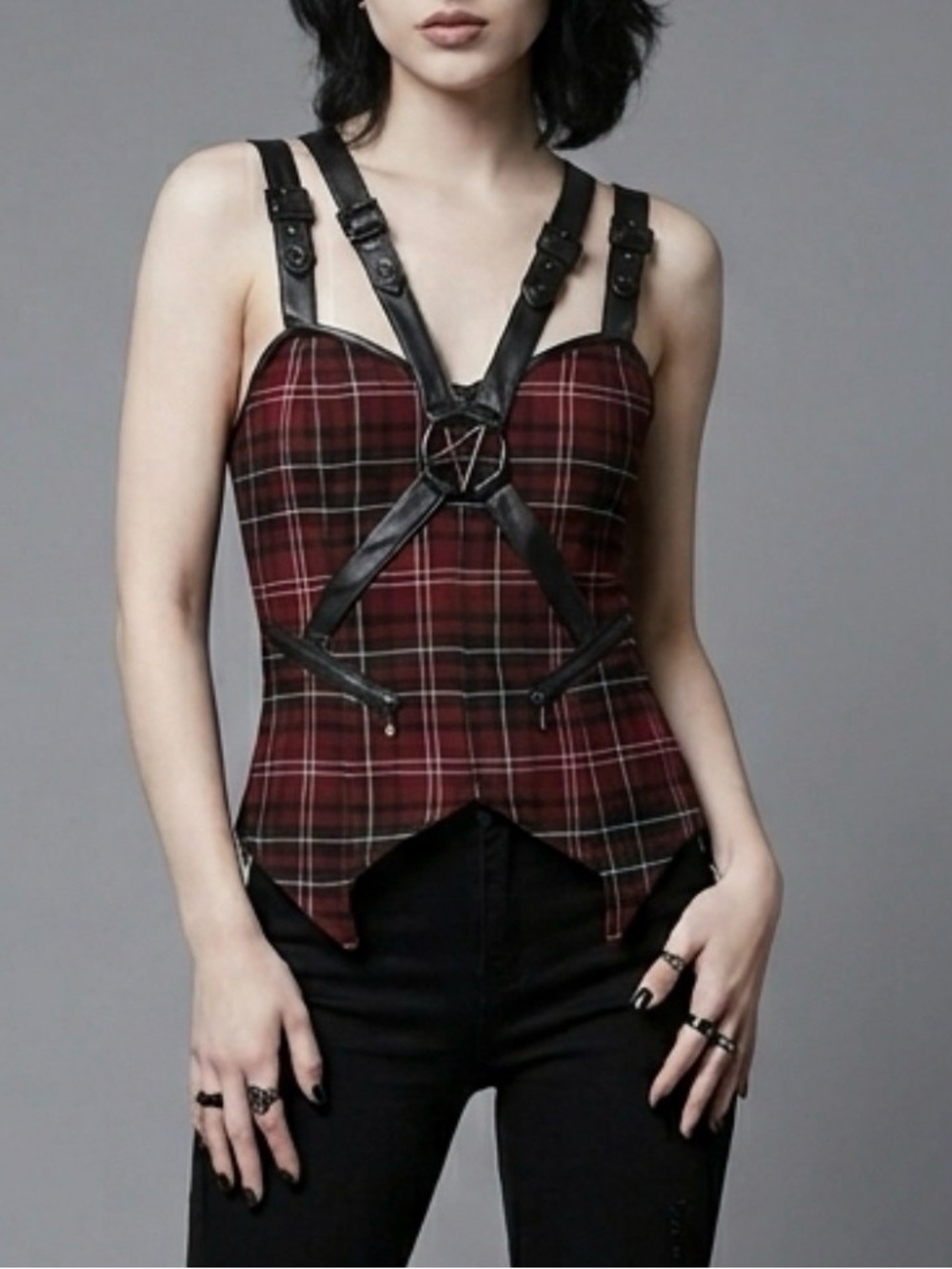 Killstar Plaid Pentagram Harness Top Red Tartan Bustier Corset Back Zip